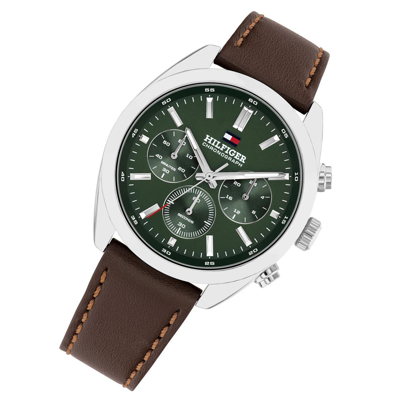 Tommy Hilfiger 1710719 Brown Leather Forest Green Dial Chronograph Men's Watch