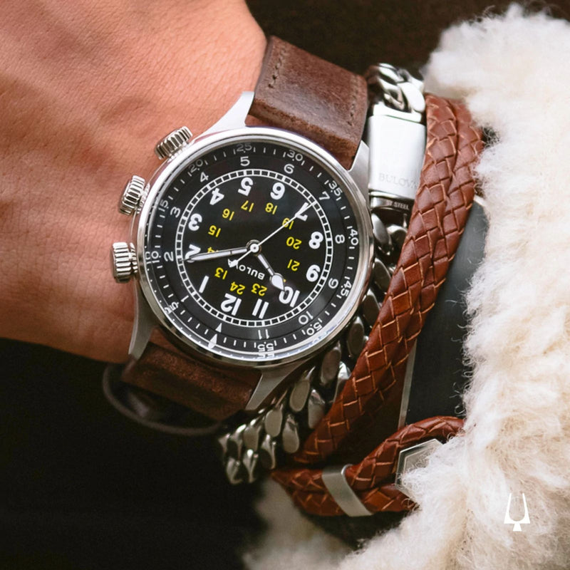 Bulova 96A245 A-15 Pilot Military Black Dial Leather Strap Men's Watch