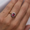 9 carat yellow gold halo dress ring with created ruby