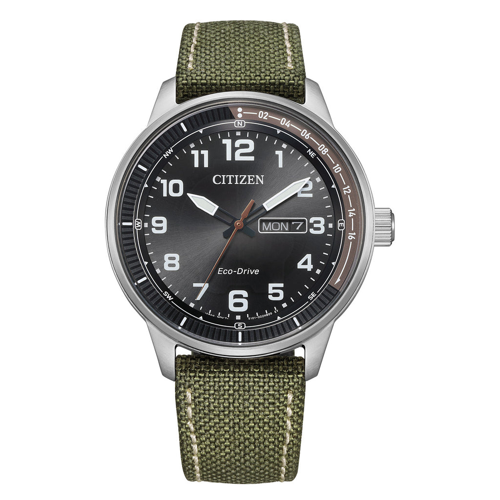 Citizen BM8590-10E Men's Eco-Drive Black Dial Green Strap Military Style Watch