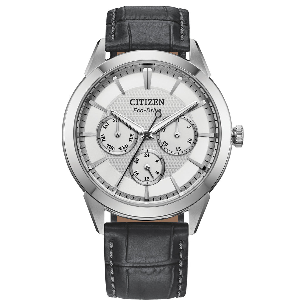 Citizen BU2110-01A Men's Eco-Drive Black Leather Strap Silver Dial Watch