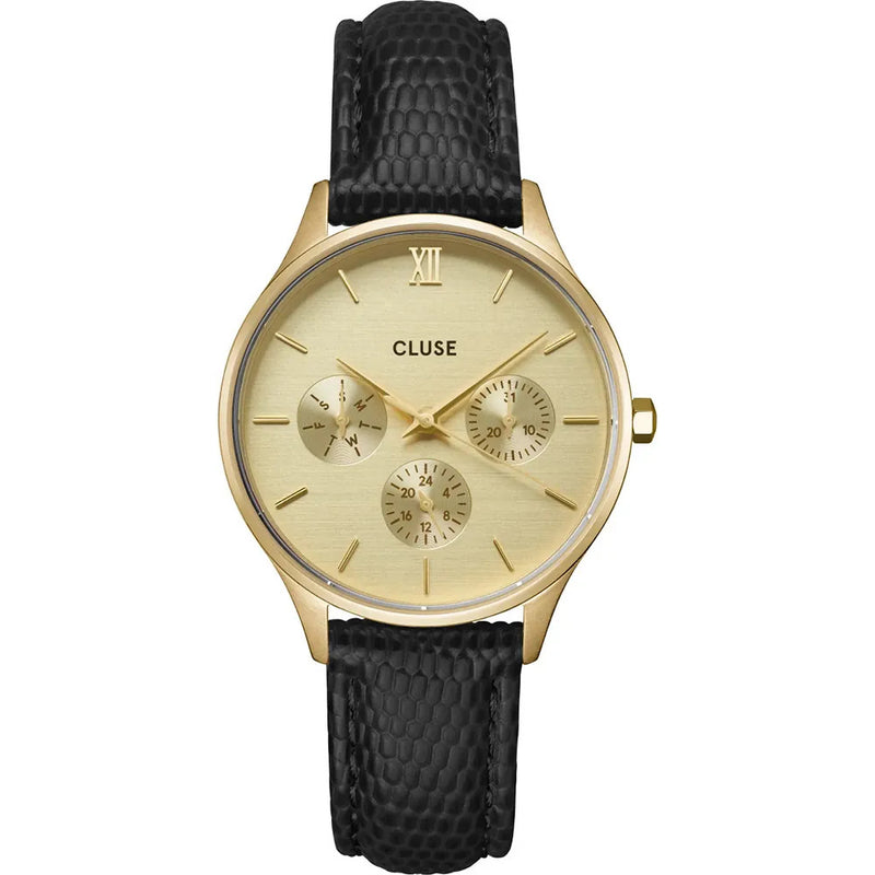 Cluse CW10705 Minuit Multifunction Leather Black Lizard, Gold Colour Women's Watch