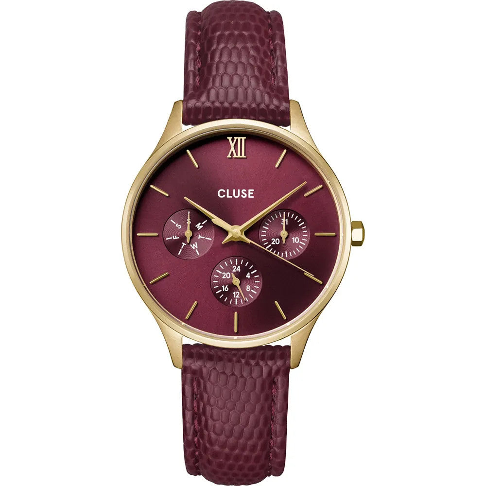 Cluse CW10706 Minuit Multifunction Leather Dark Cherry Lizard, Gold Colour Women's Watch