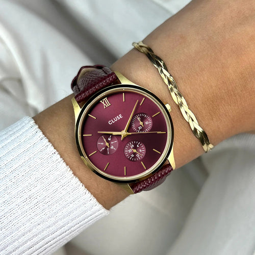 Cluse CW10706 Minuit Multifunction Leather Dark Cherry Lizard, Gold Colour Women's Watch