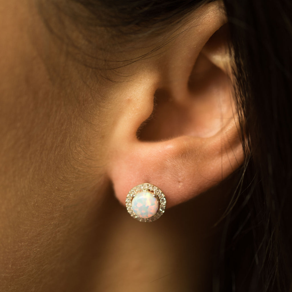 9ct.Yellow Gold cz 10mm Round Opal Earrings
