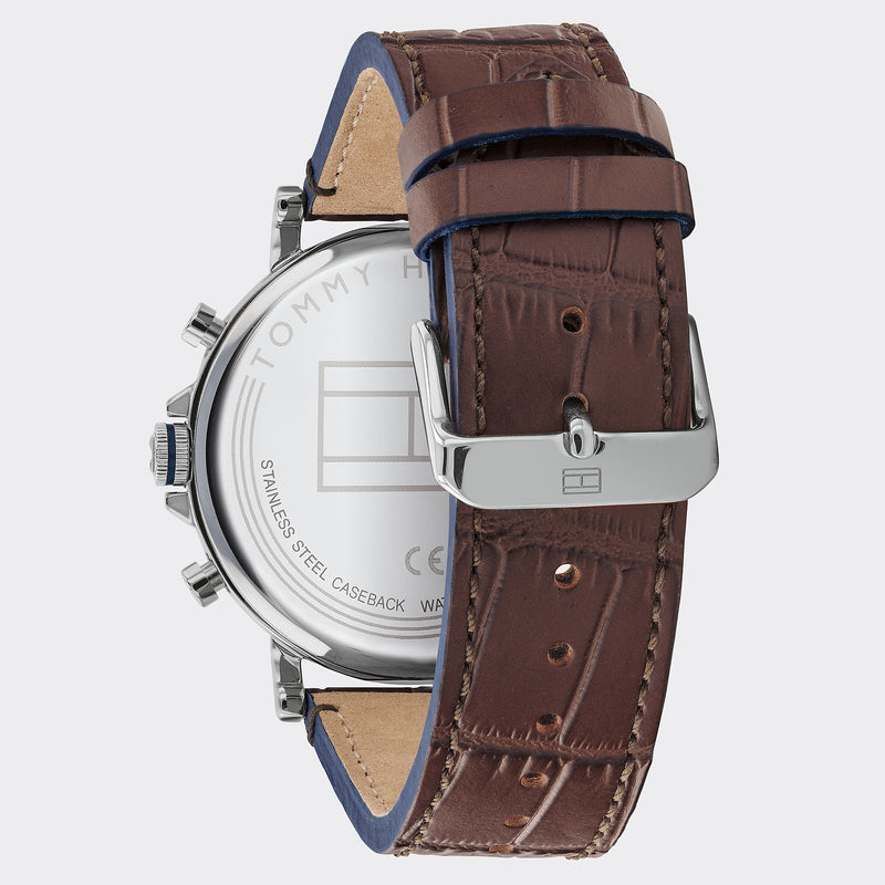 Tommy Hilfiger Dress Watch With Brown Leather Strap - Brown/Silver